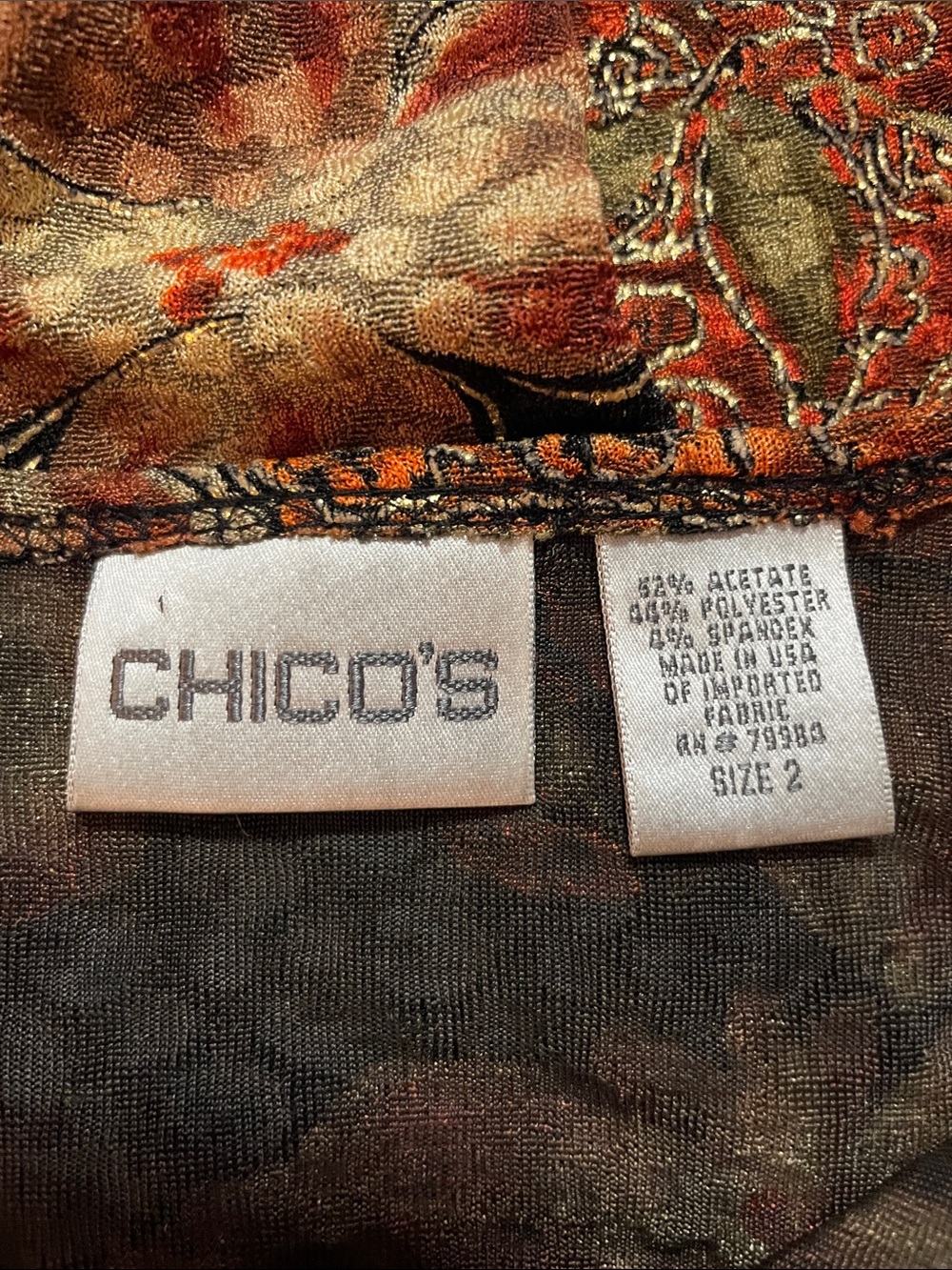 Chico's Black Floral Sleeveless Tunic with Rust and Olive Accents - Picture 4 of 6